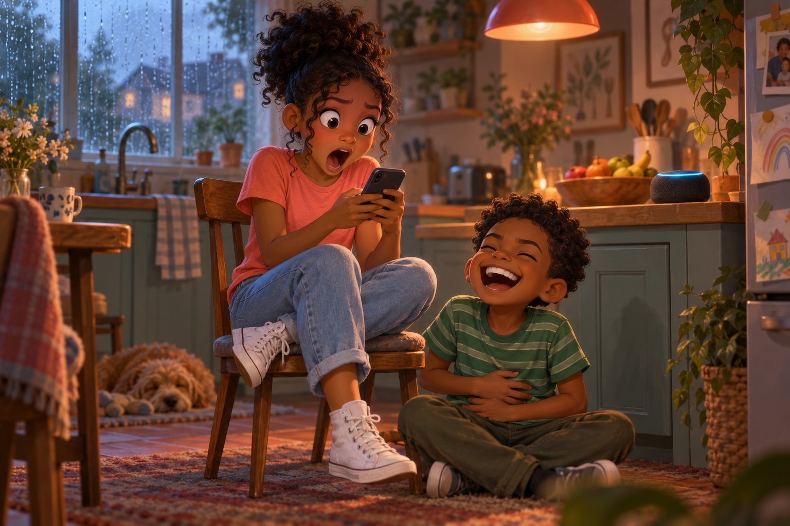 Nia on a kitchen chair staring at the phone in horror while her little brother Sam laughs on the floor.