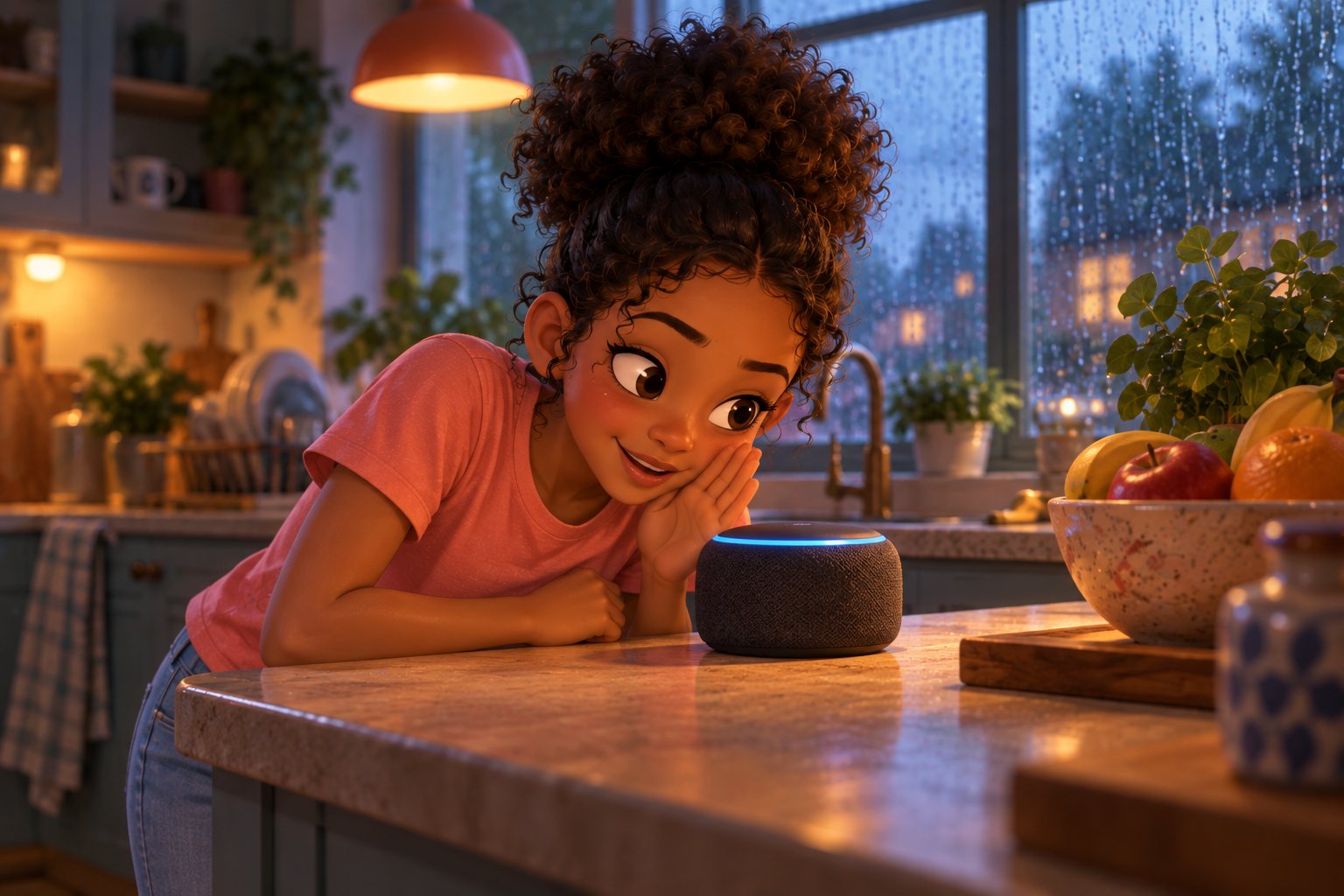 Nia leaning on the kitchen counter on a rainy afternoon, whispering to a small smart speaker beside the fruit bowl.