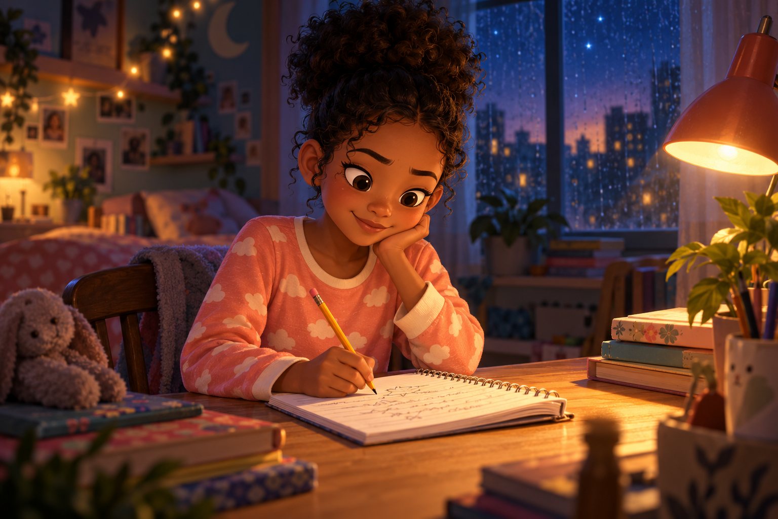 Nia in cloud pyjamas writing in a notebook at her desk by lamplight, with a rainy night city outside the window.