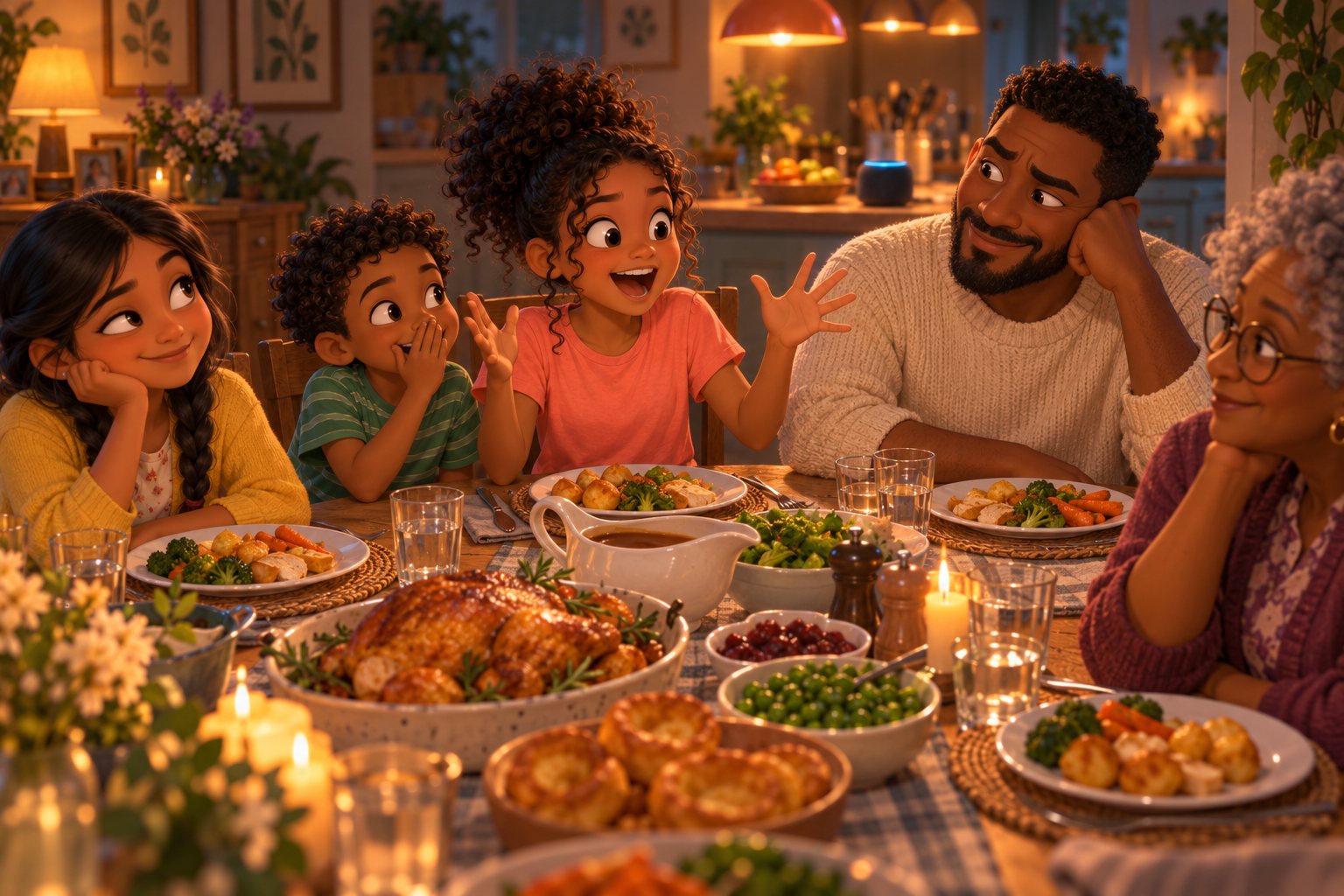 Nia telling the story at Sunday dinner while Priya rolls her eyes, Sam whispers, Dad looks puzzled and Gran smiles, with a gravy boat in the middle of the table.