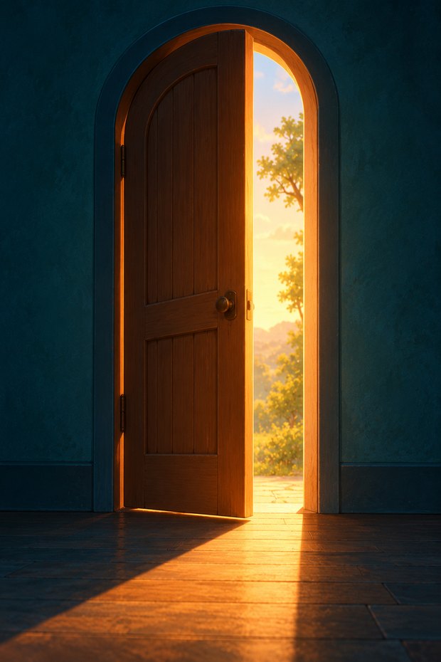 An arched wooden door standing ajar, warm light and a glimpse of trees beyond.