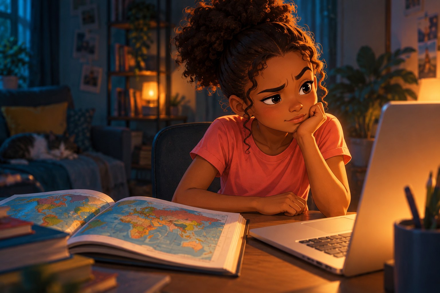 A girl at a desk looking sceptically away from her laptop, an atlas open beside her.