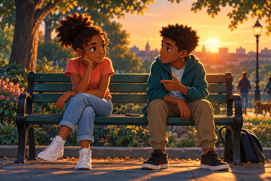 Two children on a park bench at sunset, one turning to speak, a phone set down between them.