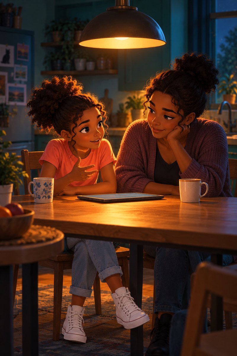A girl and an adult at a kitchen table in the evening, talking over a tablet lying between them.